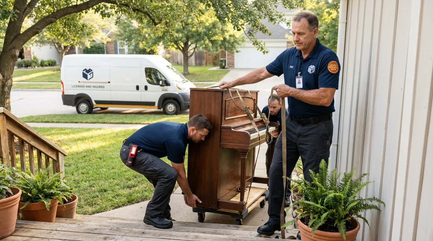 Licensed piano movers securing grand piano in Mount Pleasant, UT