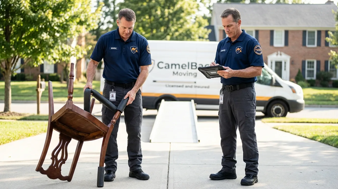 Movers inspecting furniture for damage prevention before loading in Mount Pleasant, UT
